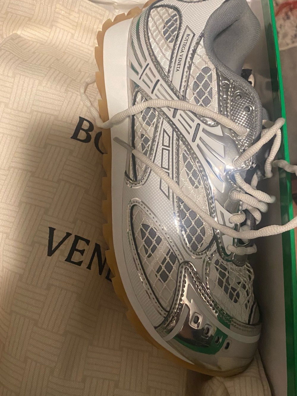 Bottega Veneta Silver and White Mesh Runner Sneaker